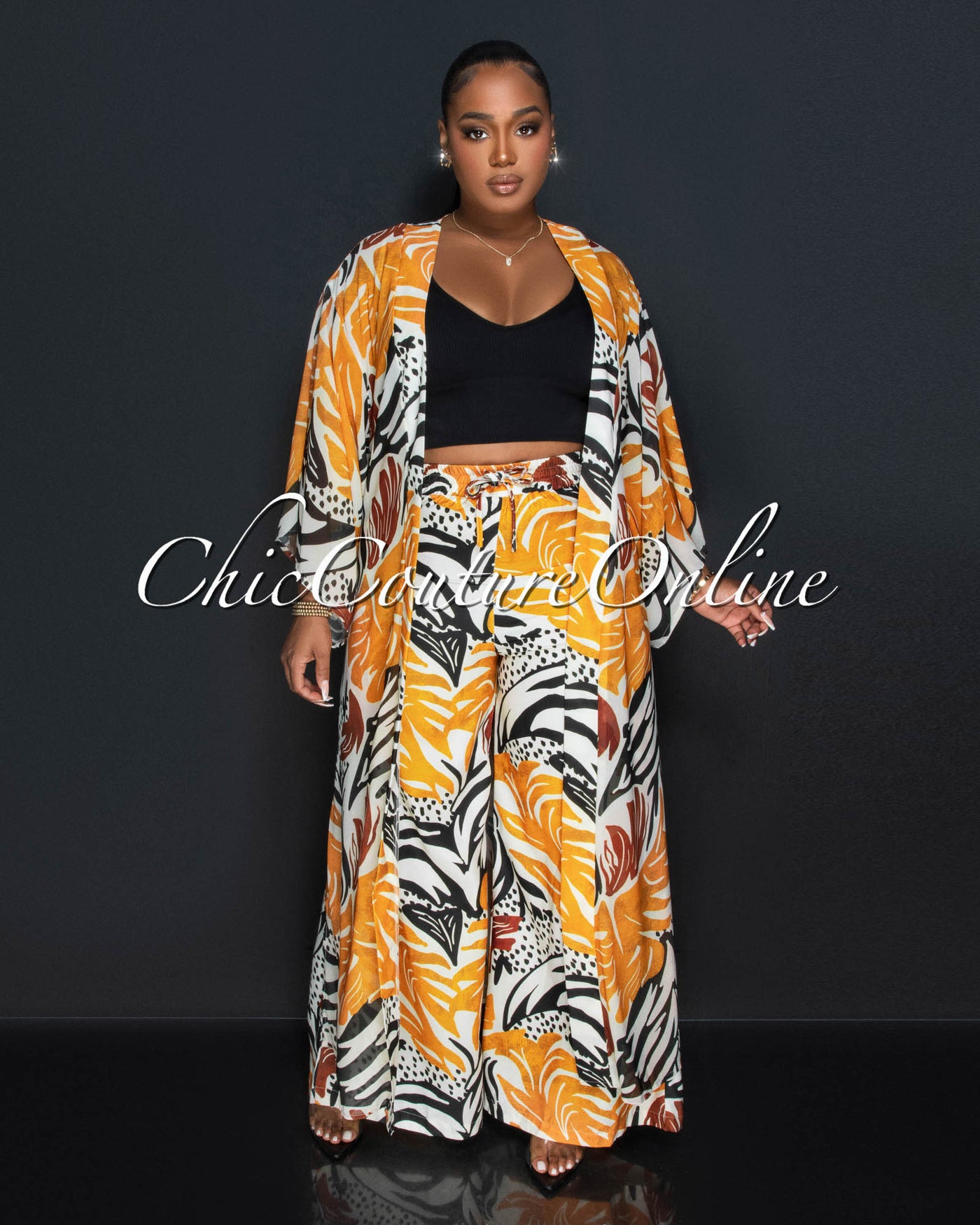 Iliza Orange Black Leaf Print Kimono & Wide Pants Set (5/28)