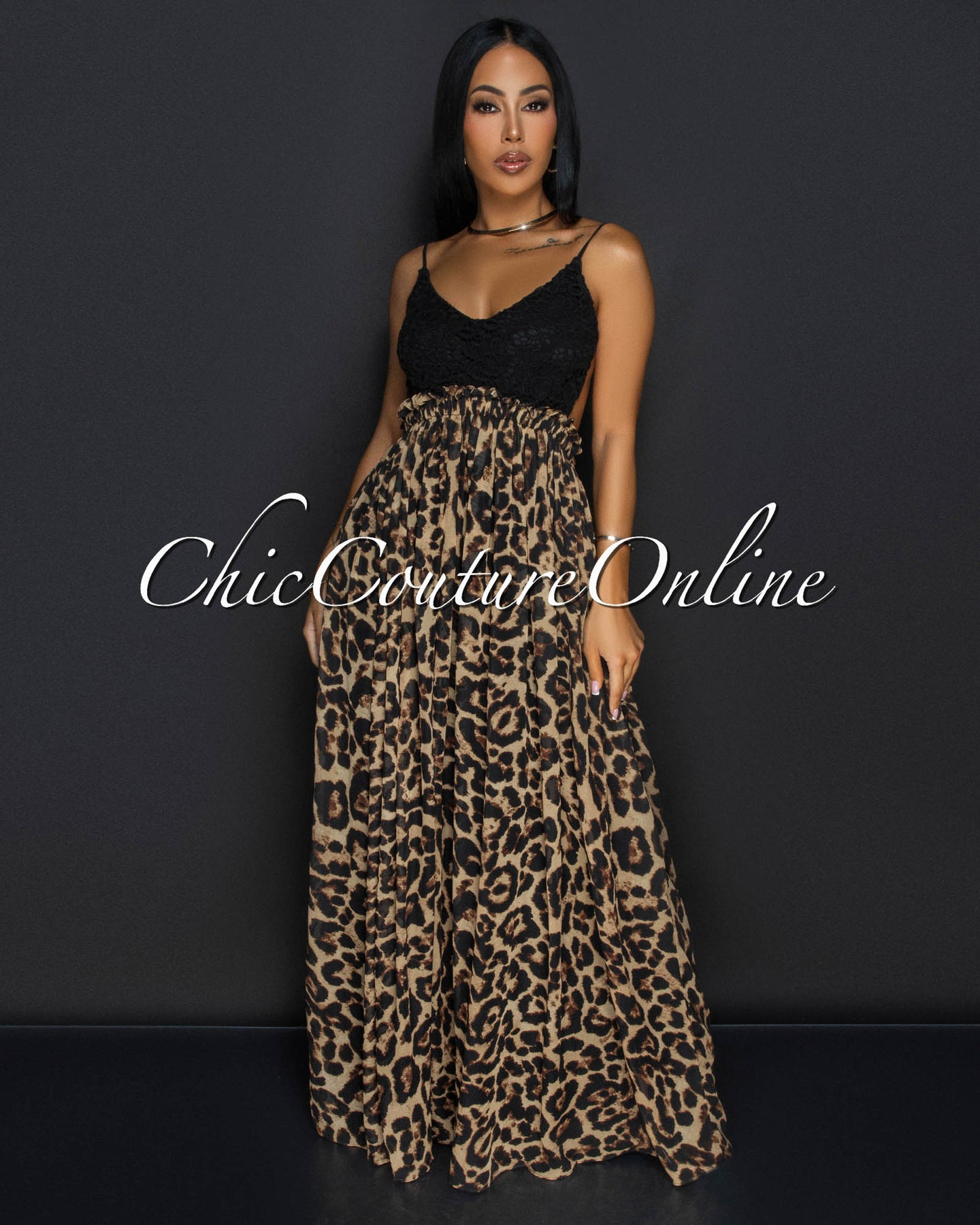 Corena Leopard Black Lace Open Back Maxi Dress