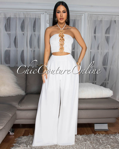 Elan Off-White Crochet Top & Pants Set