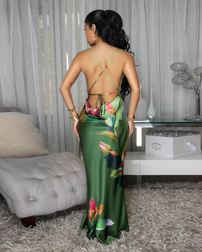 Francisca Green Multi-Color Floral Print Silky Slip Dress
