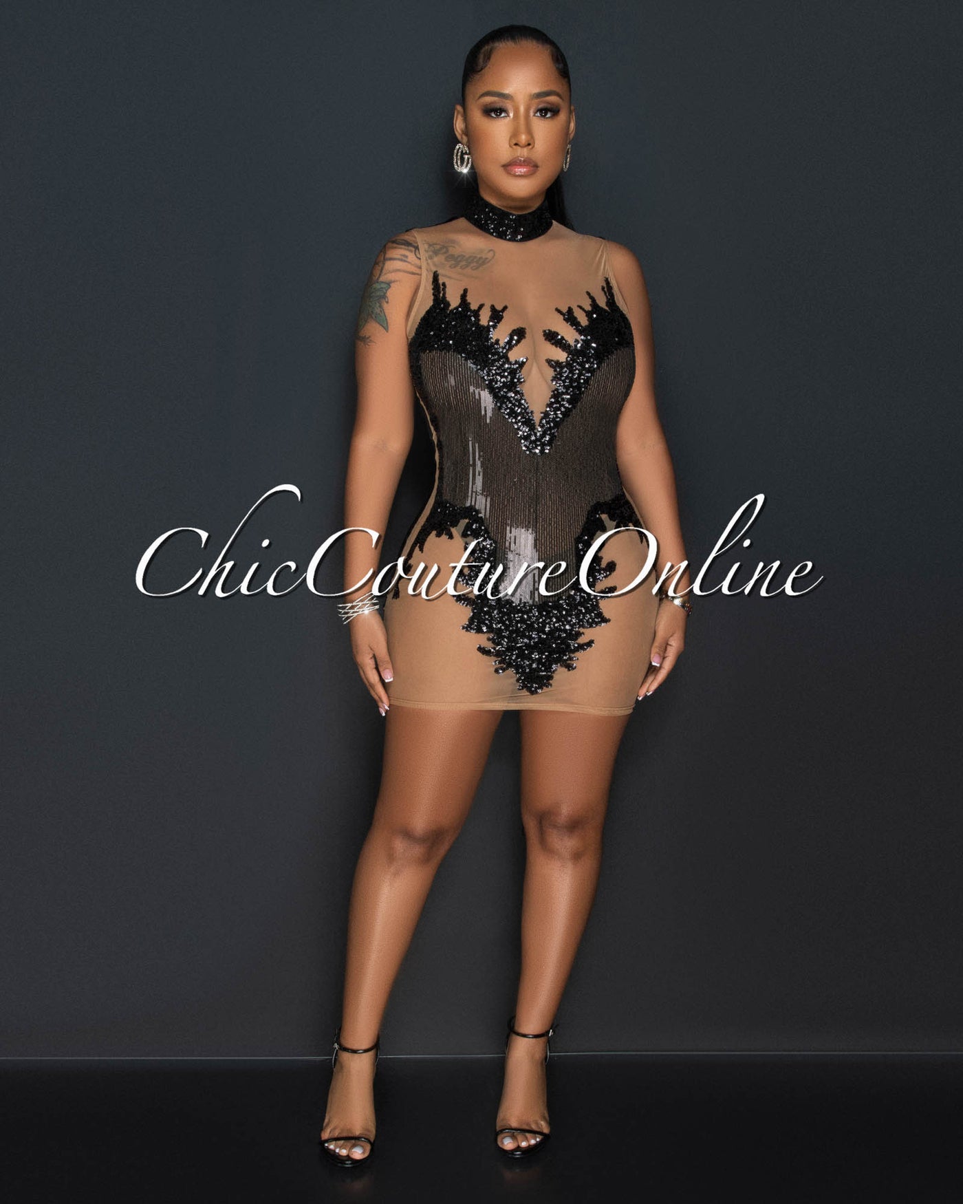 Meddy Black Nude Mesh Sheer Sequins Mini Dress