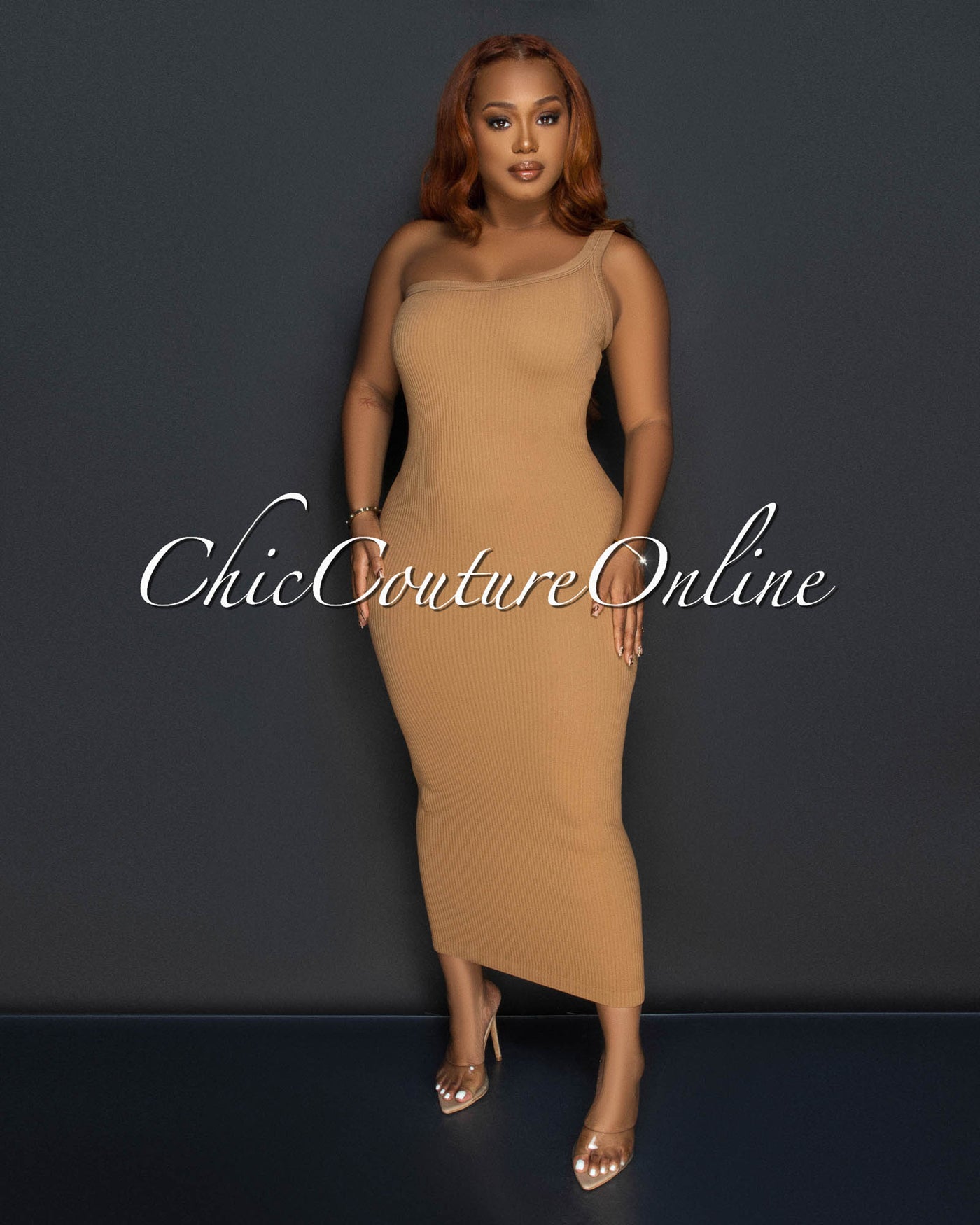 Thia Nude Single Shoulder Ribbed Midi Dress