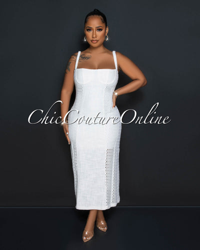 Oralia Off-White Crochet SIdes Midi Dress