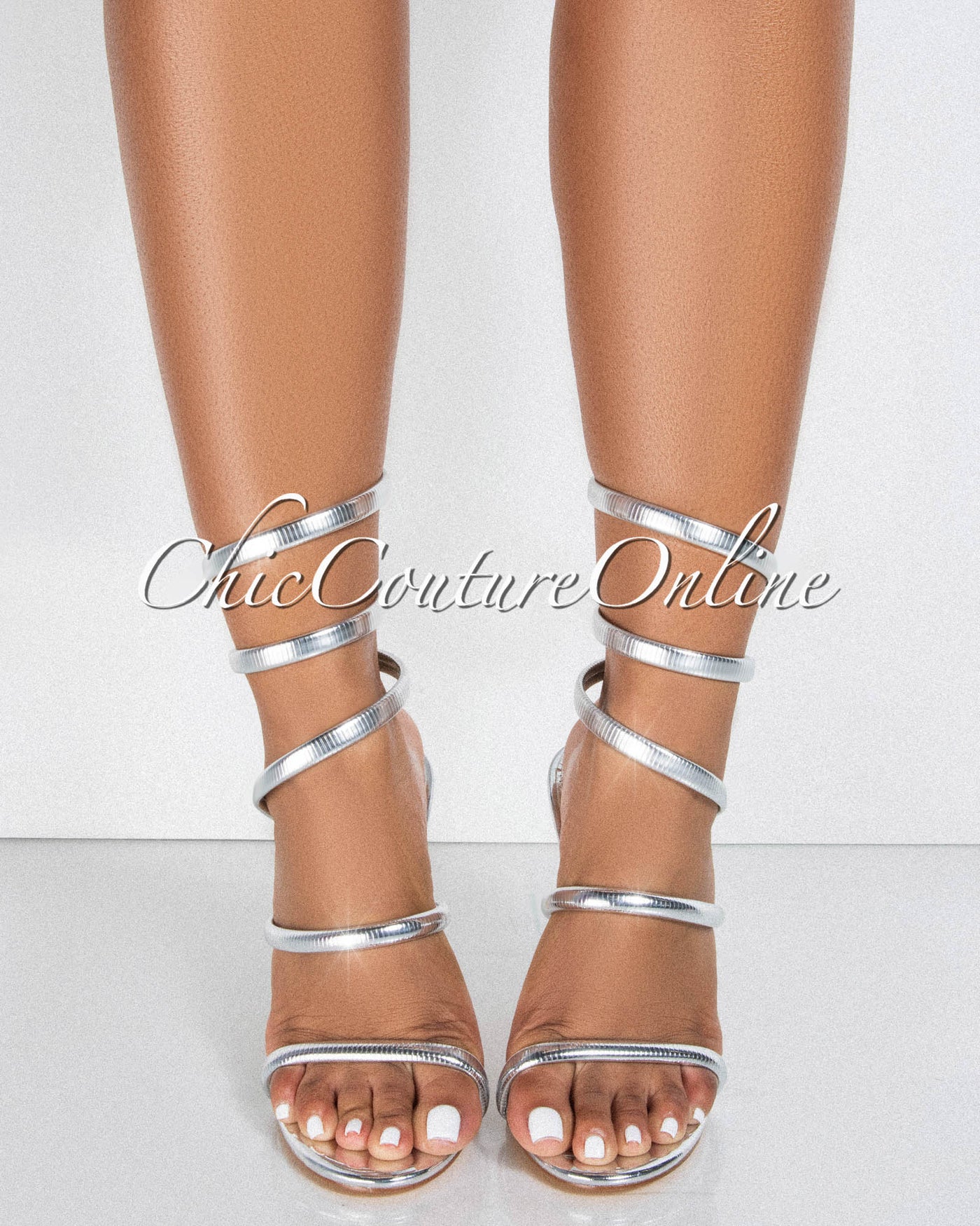 Nikia Silver Snake Ankle High Heels Sandals