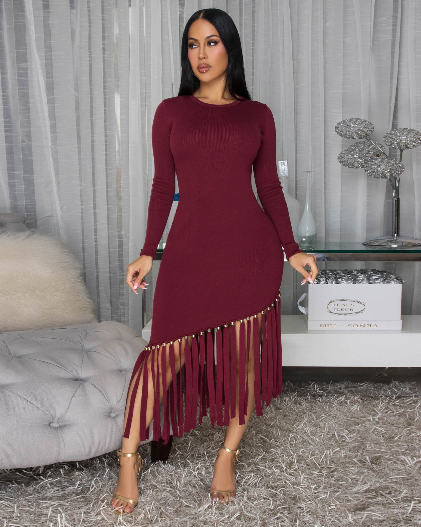 Oualie Burgundy Fringe Knit Midi Dress