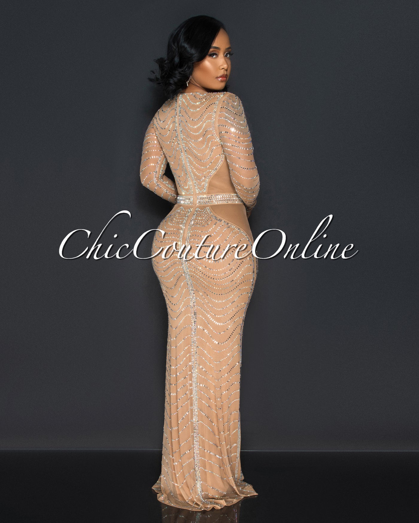 Brookline Nude Mesh Sheer Rhinestones Maxi Dress