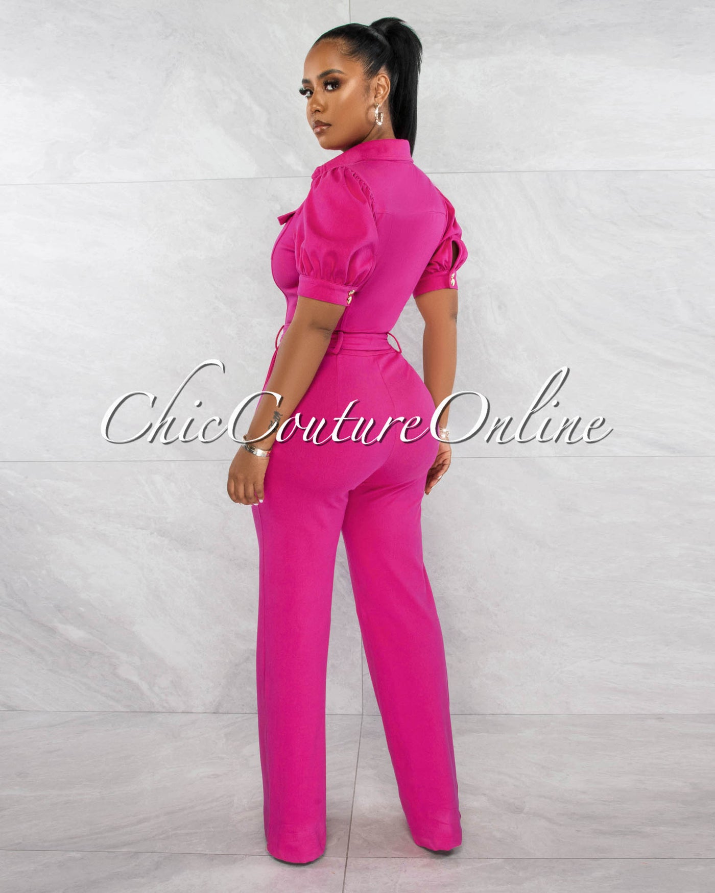 *Gemini Fuchsia Gold Buttons Bubble Sleeves Jumpsuit