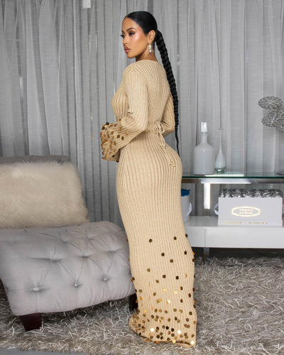 Aeshia Nude Shimmer Maxi Dress
