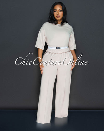 Clarkie Beige White Crop Top & Pants Set