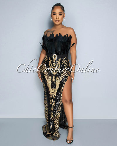 Rachelle Black Gold Sequins Feather Bust Bodysuit Maxi Dress