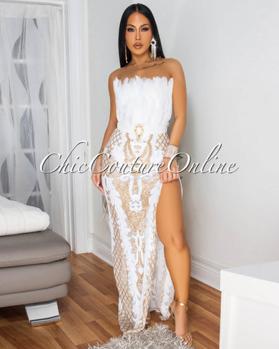 Rachelle White Gold Sequins Feather Bust Bodysuit Maxi Dress