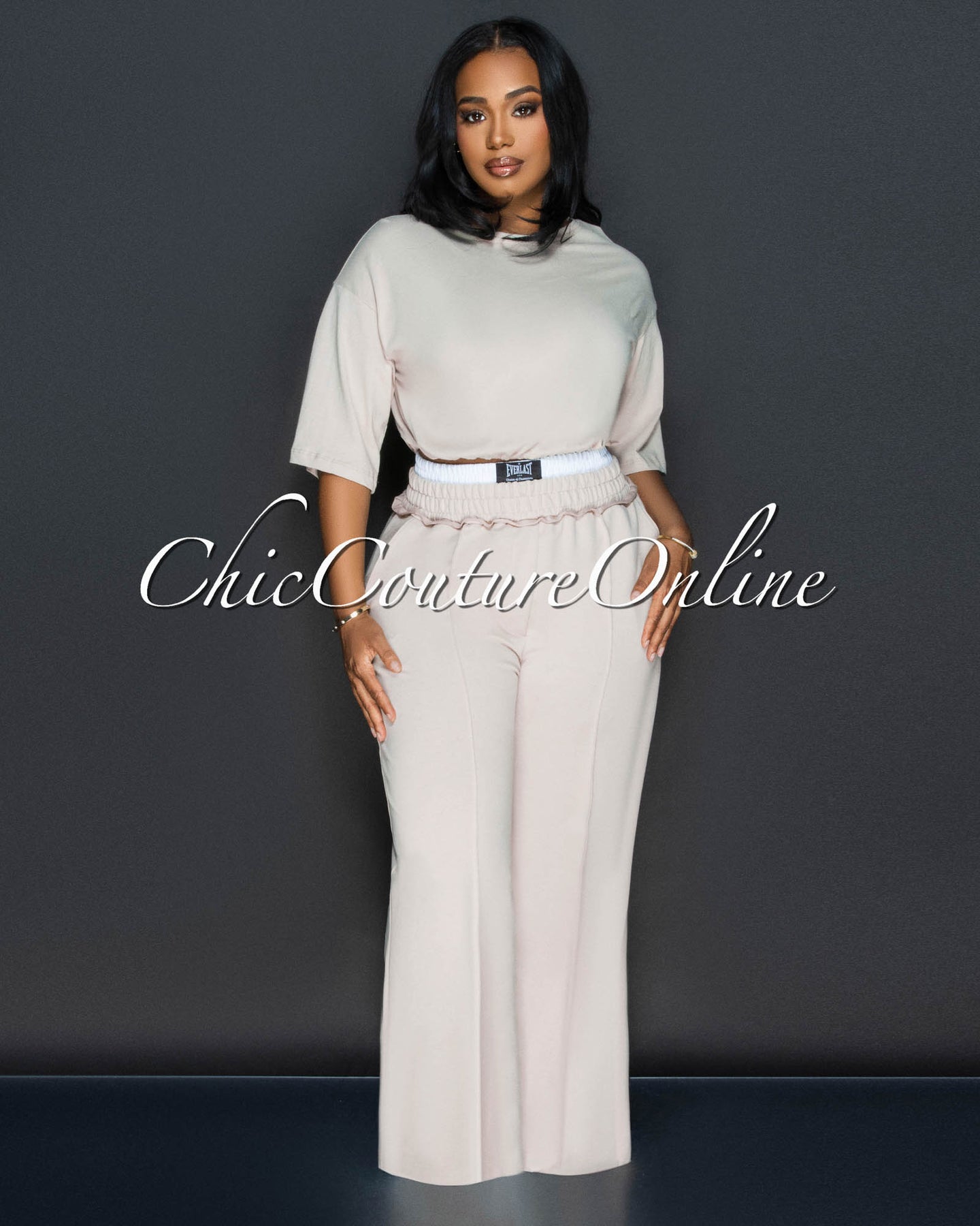*Clarkie Beige White Crop Top & Pants Set