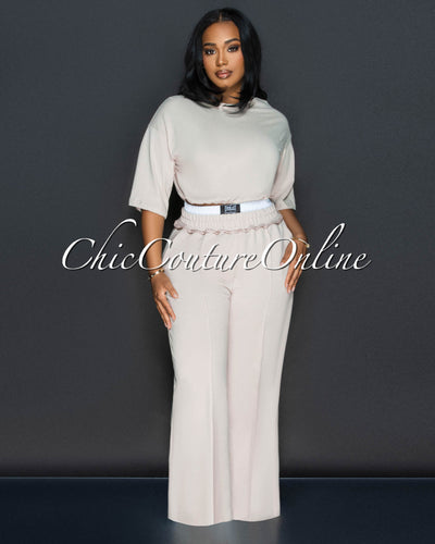 Clarkie Beige White Crop Top & Pants Set