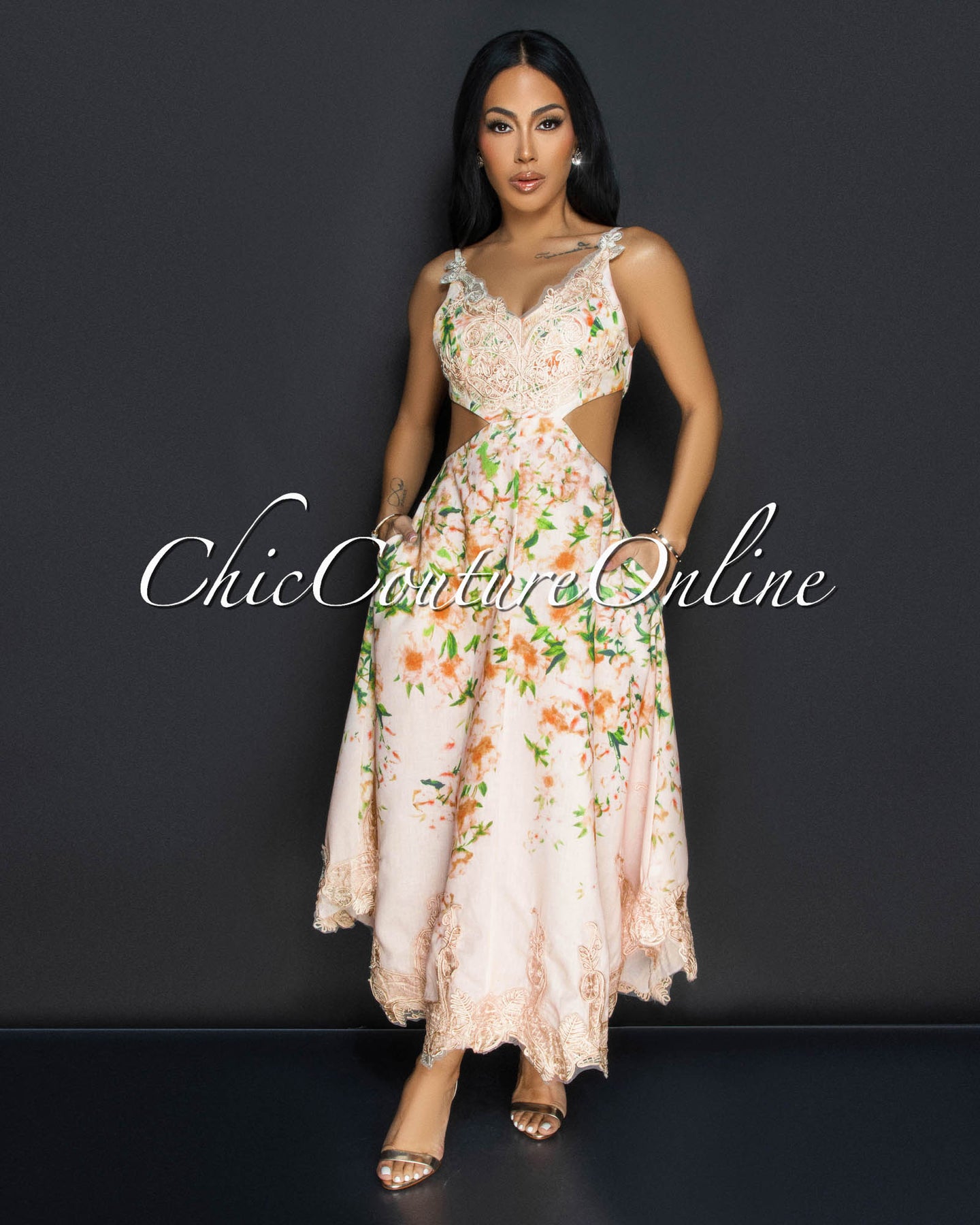 Arana Beige Floral Cut Out Midi Dress