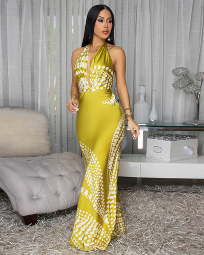 Analia Moss Green Cream Silky Halter Maxi Dress