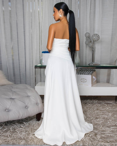 Sandrine Off-White Ruched Slit Gown
