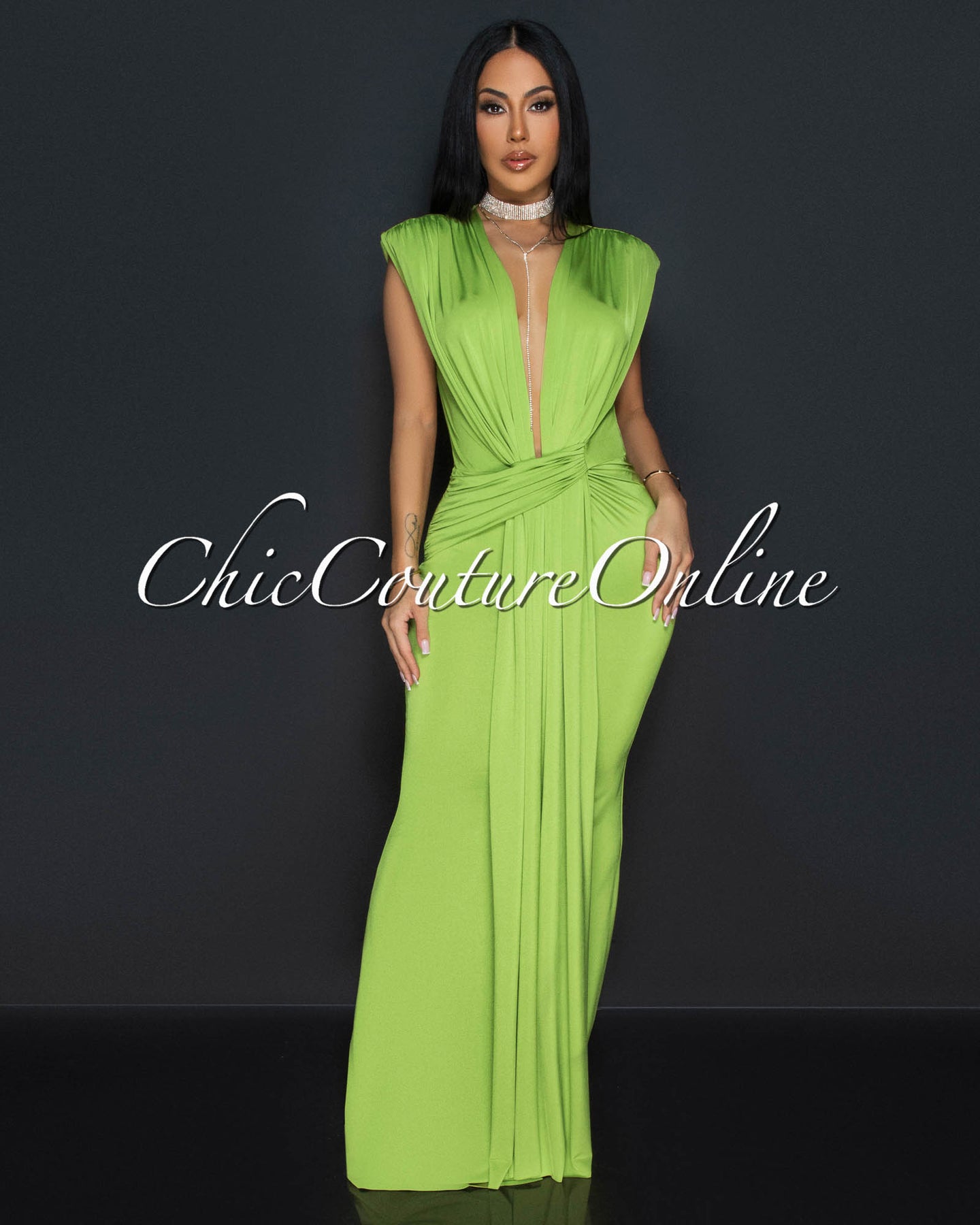 Alea Lime Green Sleeveless Deep V Neck Maxi Dress