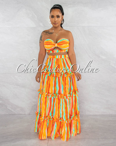 *Ruhl Orange Print Crop Top & Ruffle Maxi Skirt Set