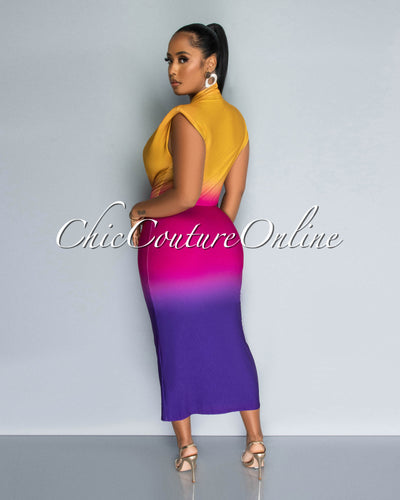 Tasha Mustard Purple Ombre Deep V Neckline Drape Maxi Dress