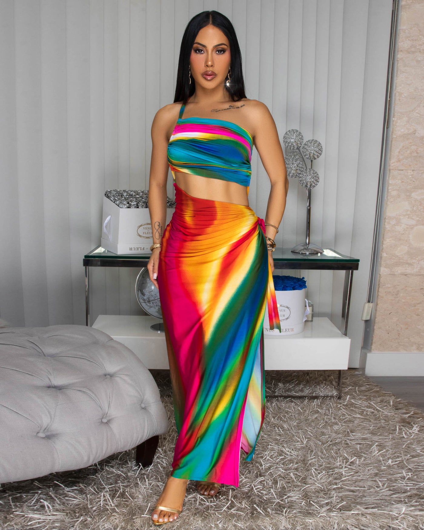 Lenny Rainbow Ruched Cut-Out Maxi Dress