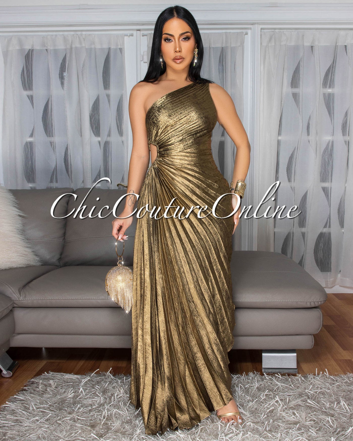 Jovinia Bronze Pleated Single Shoulder Maxi Dress