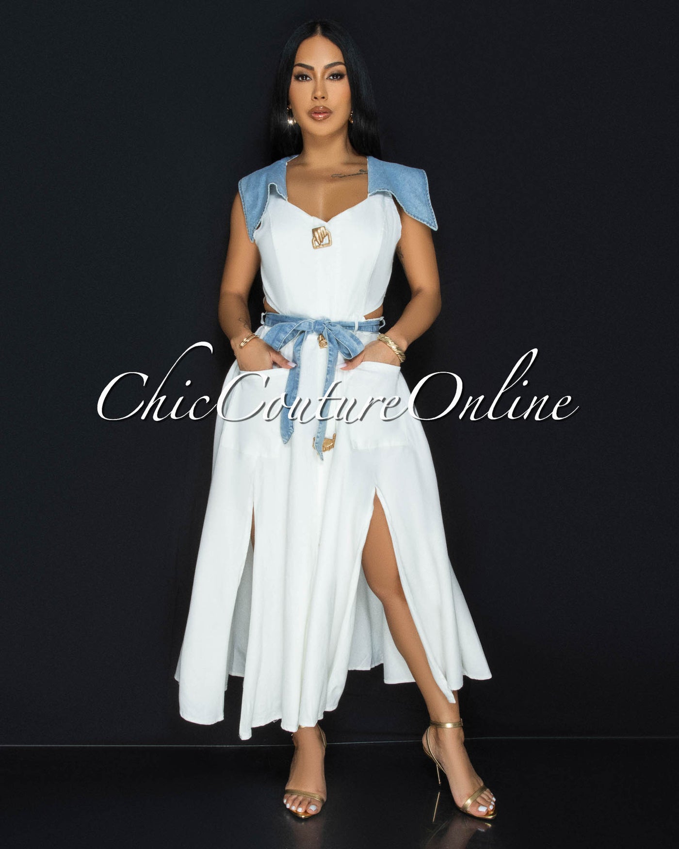 Sidora White Blue Denim Trim Gold Buttons Midi Dress