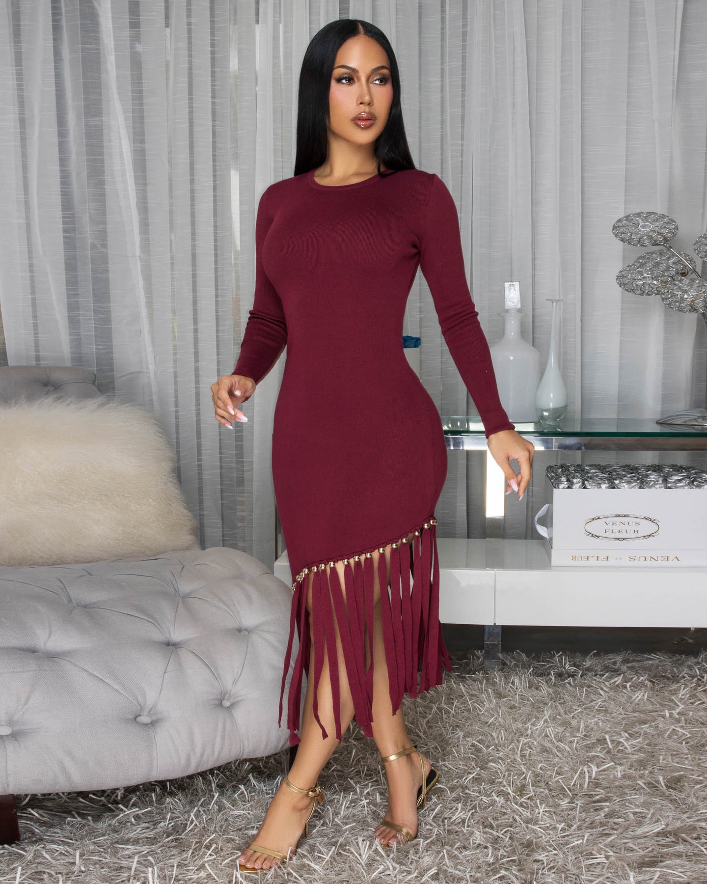 Oualie Burgundy Fringe Knit Midi Dress
