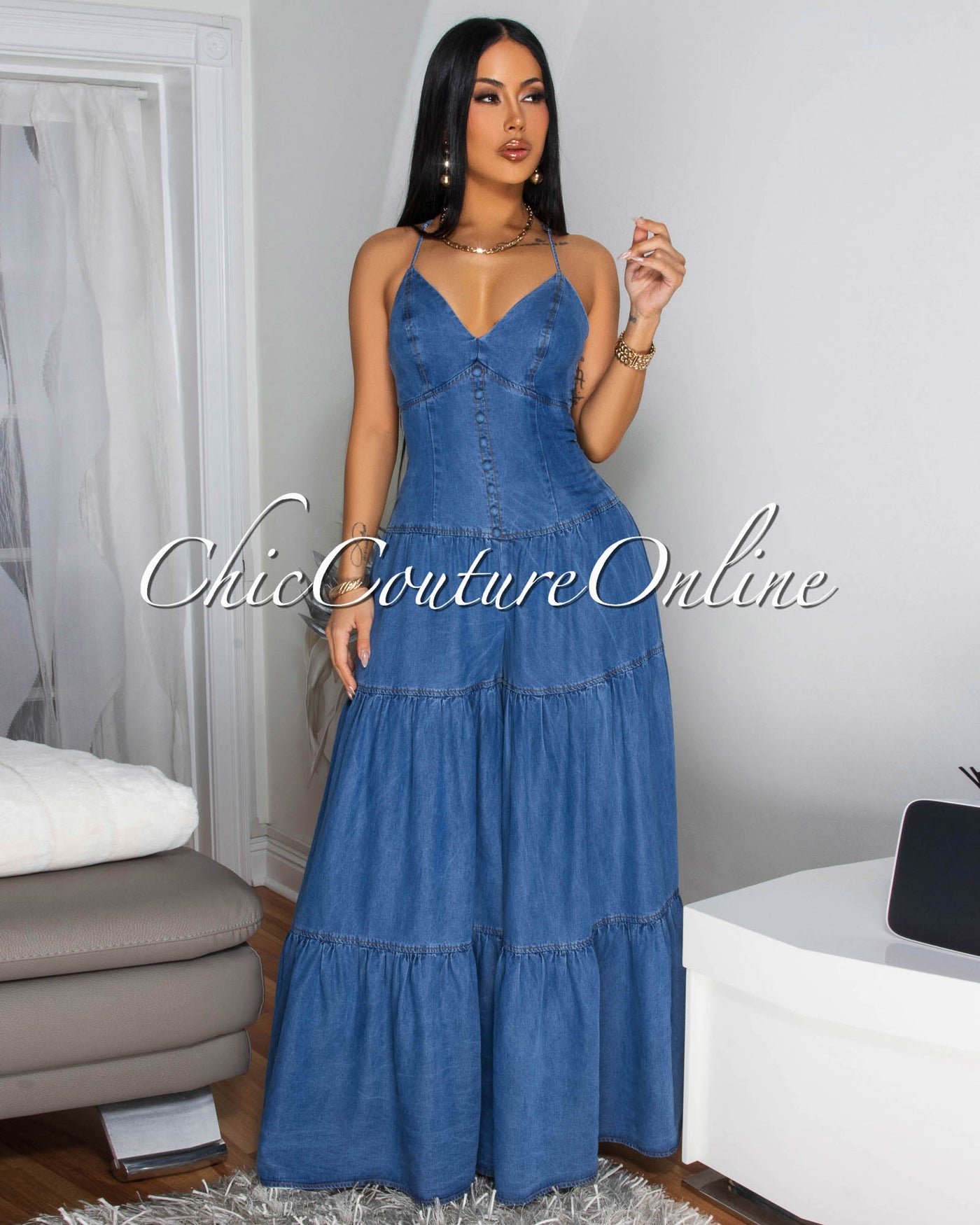 Bernadette Medium Denim Tiered Wide Legs Jumpsuit