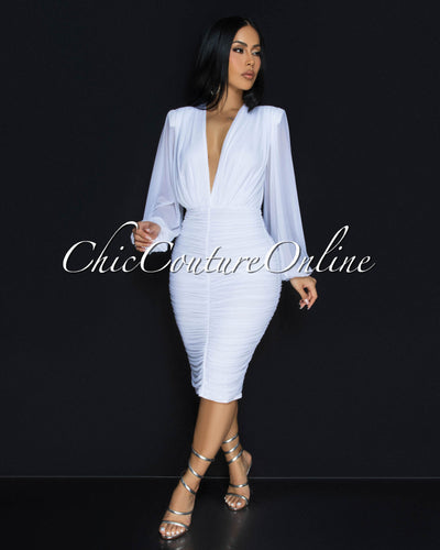 Vanica White Mesh Overlay Plunging V-Neck Midi Dress