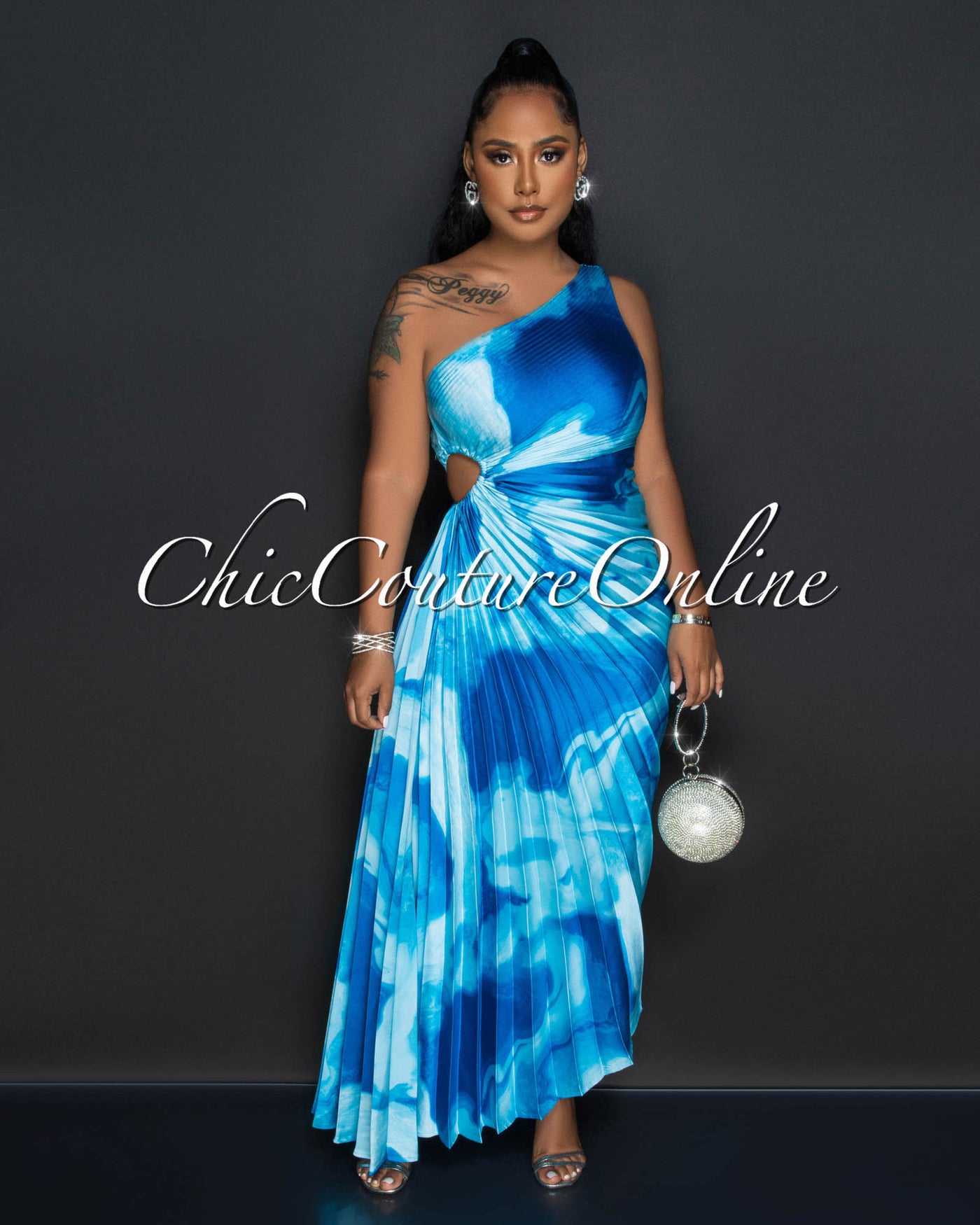 Hilary Blue Print Pleated Single Shoulder Maxi Dress