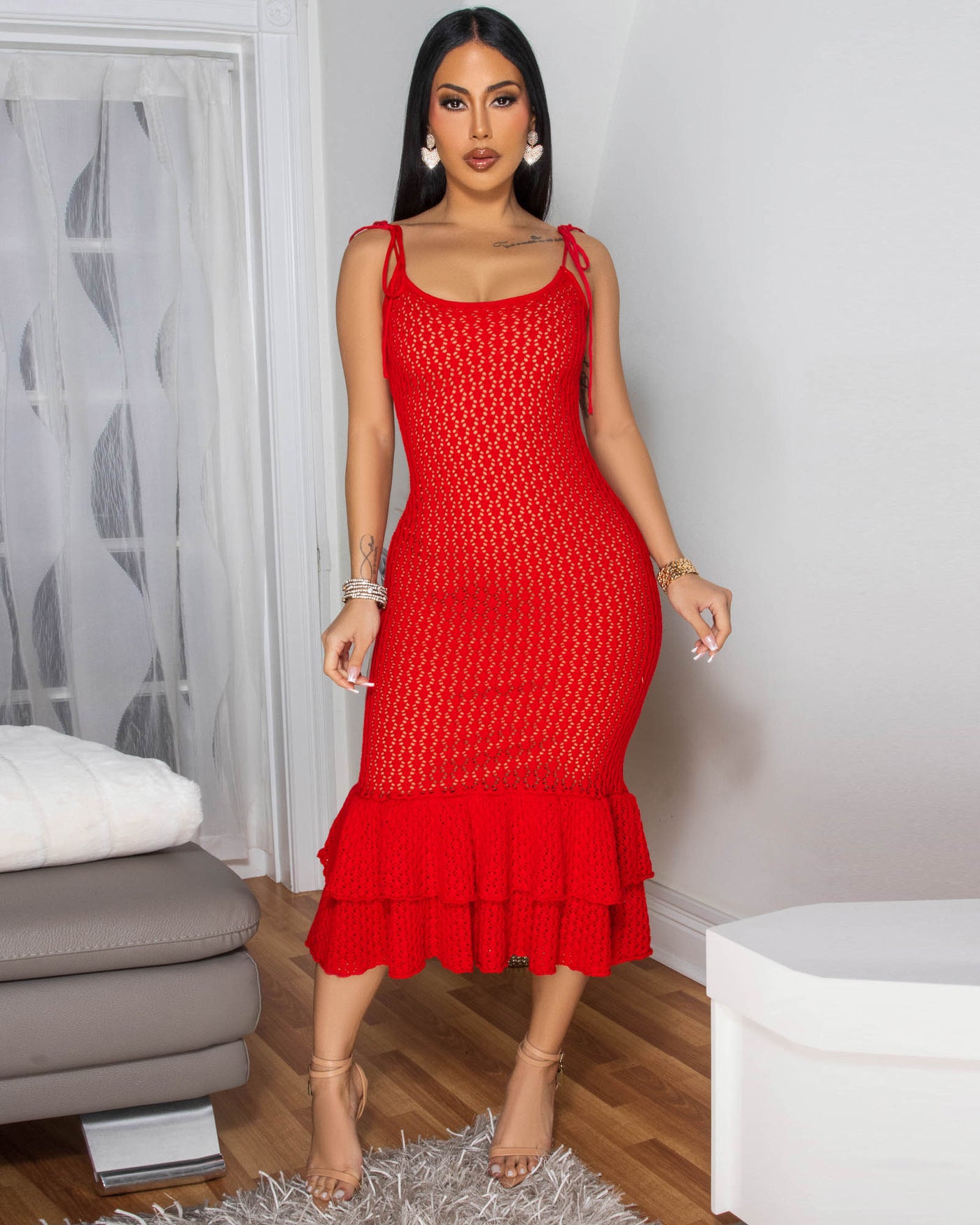 Alida Red Nude Illusion Crochet Midi Dress