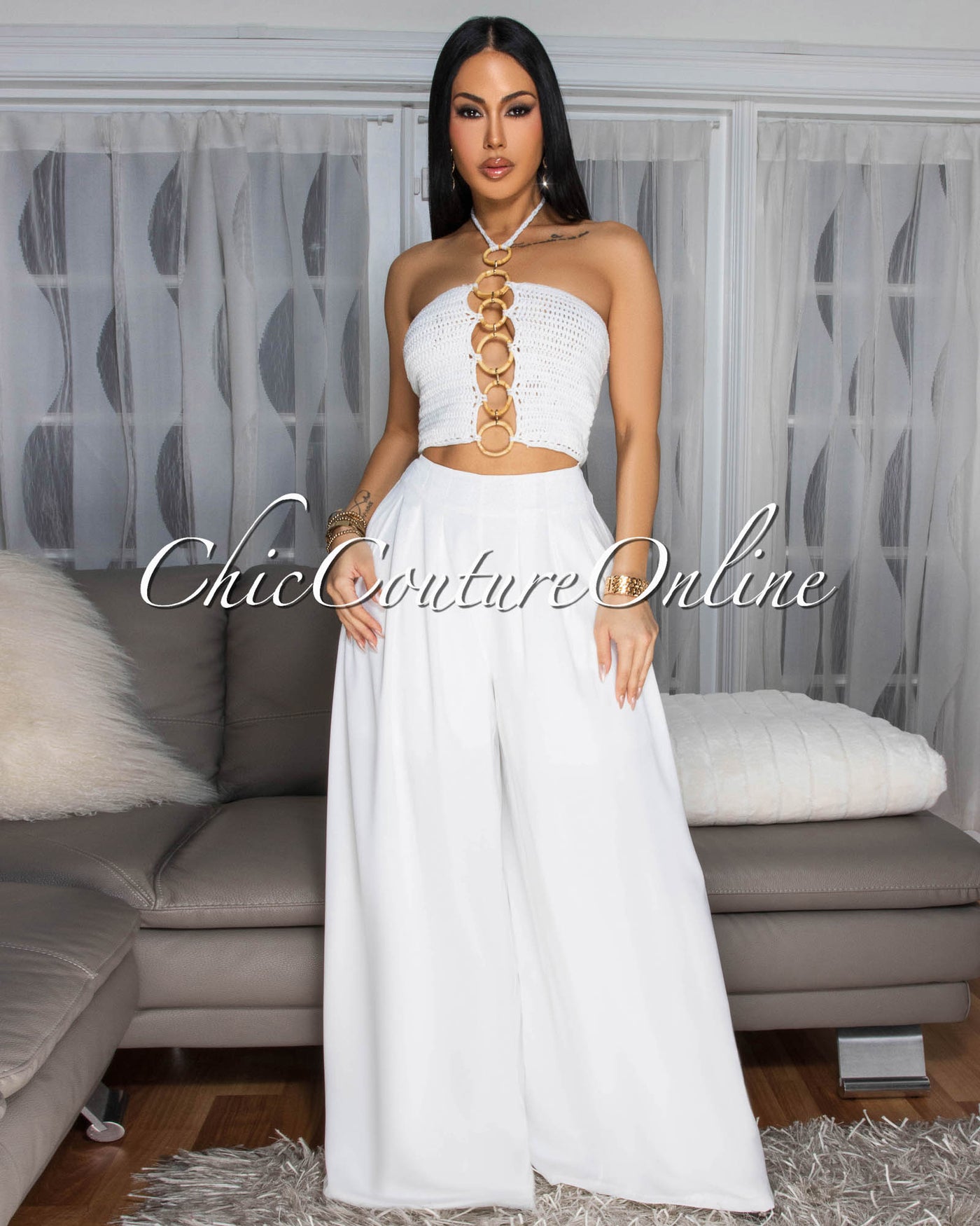 Elan Off-White Crochet Top & Pants Set