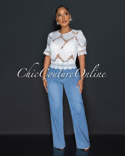 Indore Off-White Crochet Eyelet Crop Top