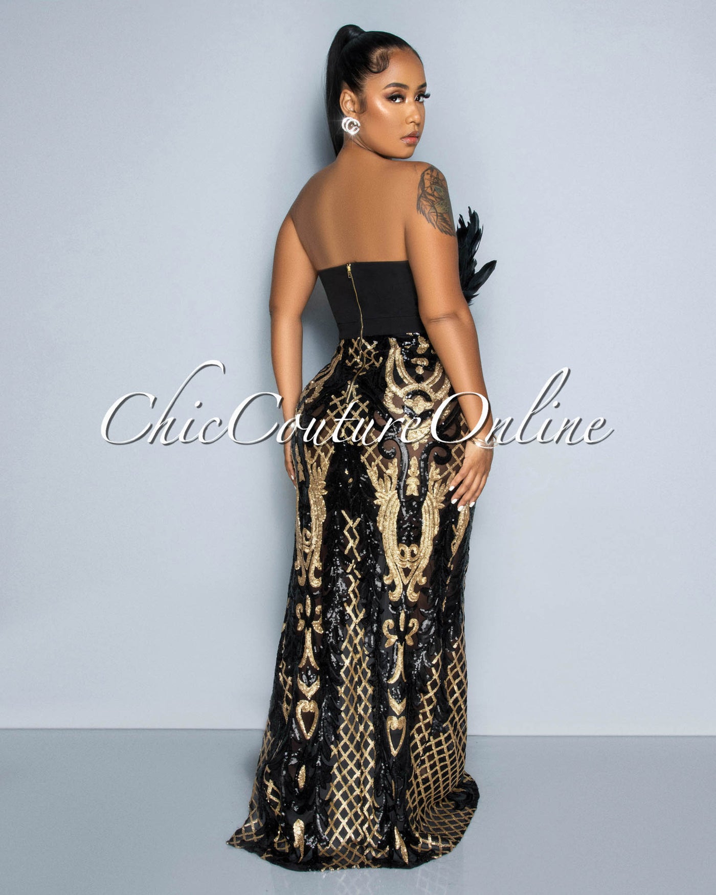Rachelle Black Gold Sequins Feather Bust Bodysuit Maxi Dress