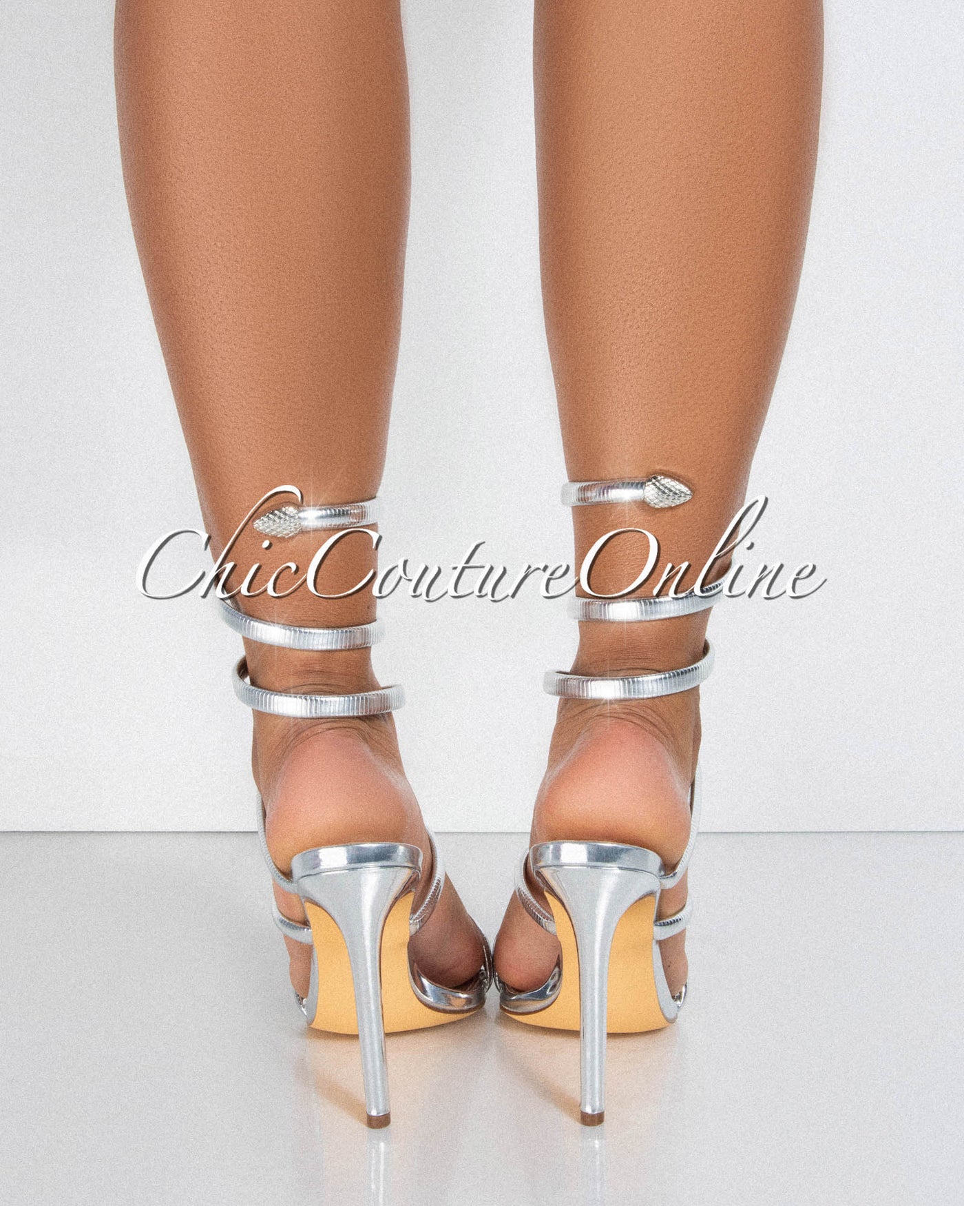 Nikia Silver Snake Ankle High Heels Sandals