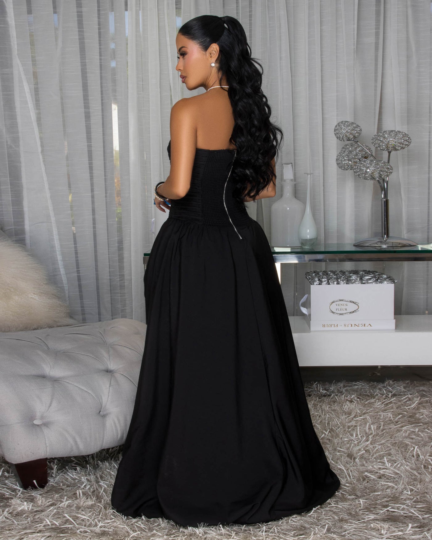 Priya Black Front Slit Bubble Gown