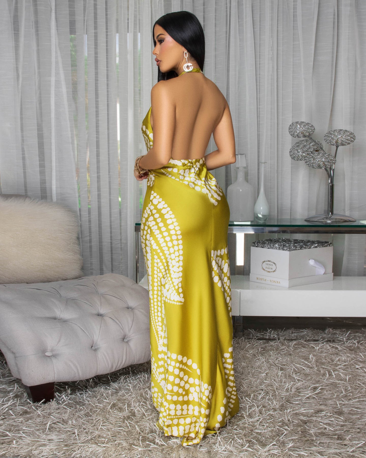 Analia Moss Green Cream Silky Halter Maxi Dress
