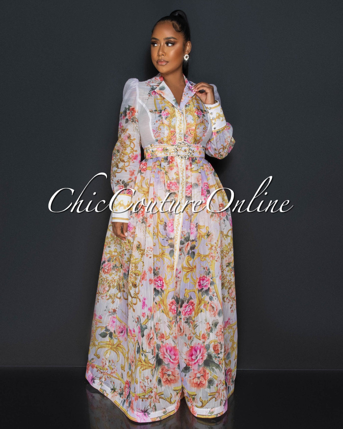 Loa Pink Nude Floral Print Belted Maxi Dress With Shorts