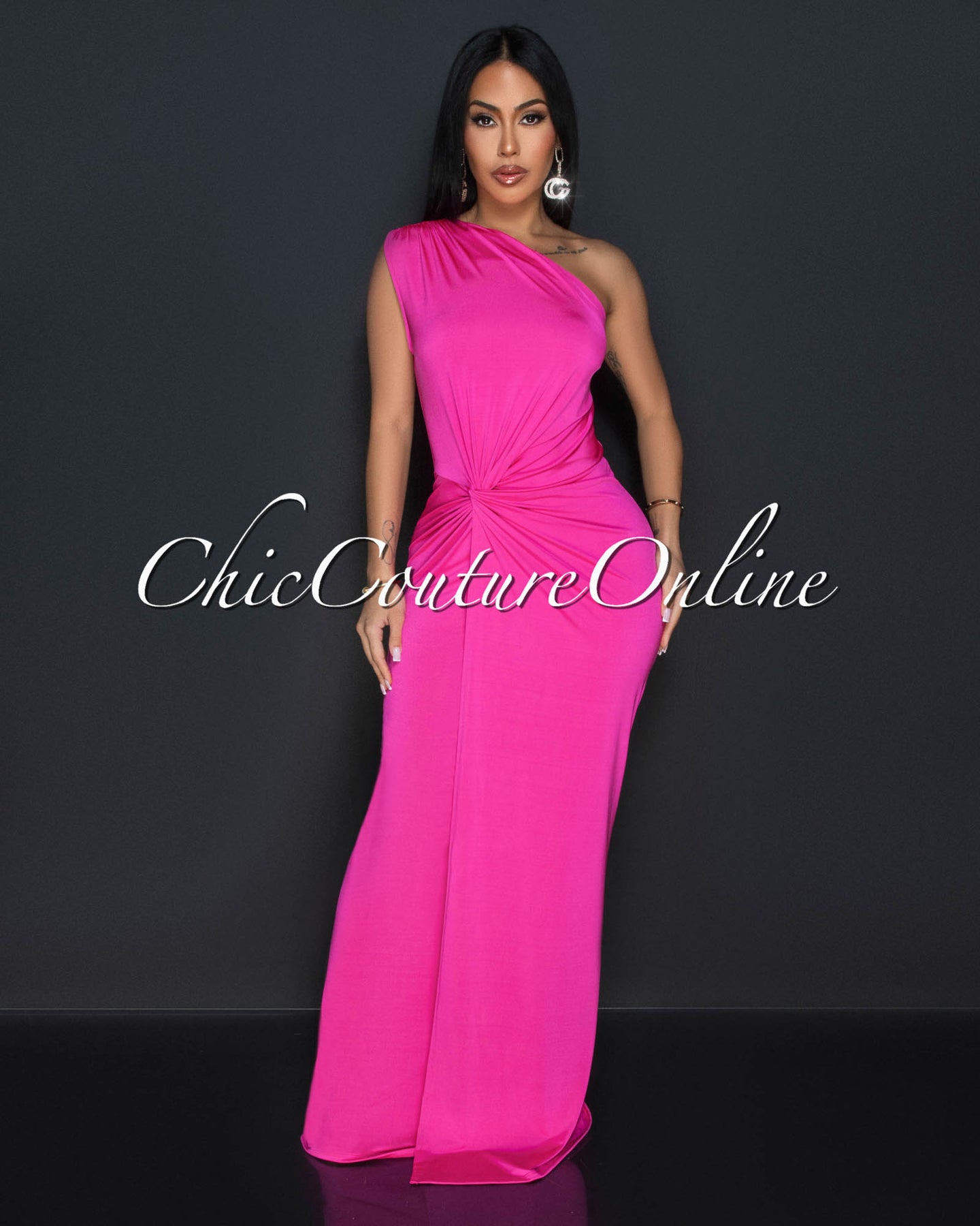 Zima Hot Pink Single Shoulder Twist Maxi Dress