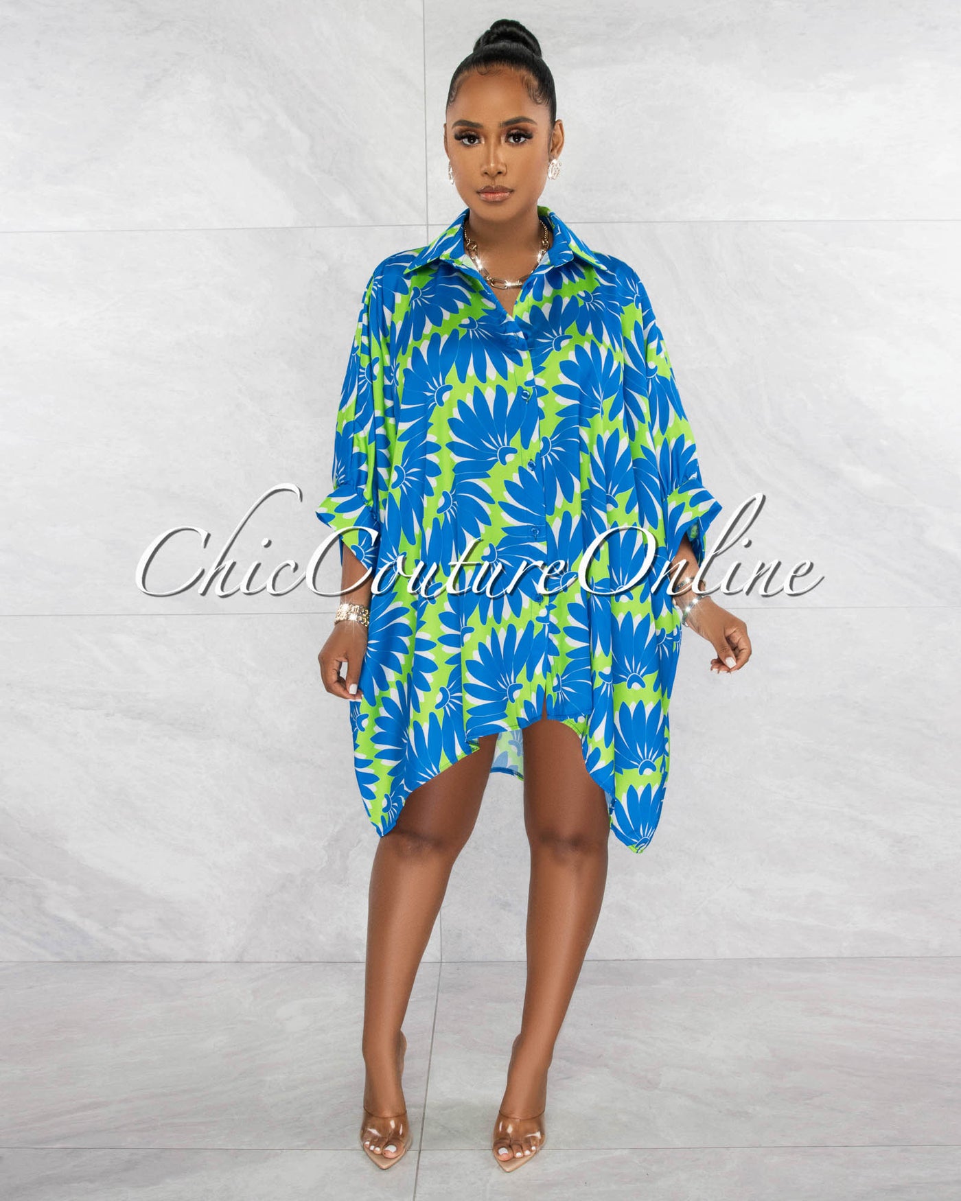 *Salima Royal Blue Green Print Silky Shirt Dress