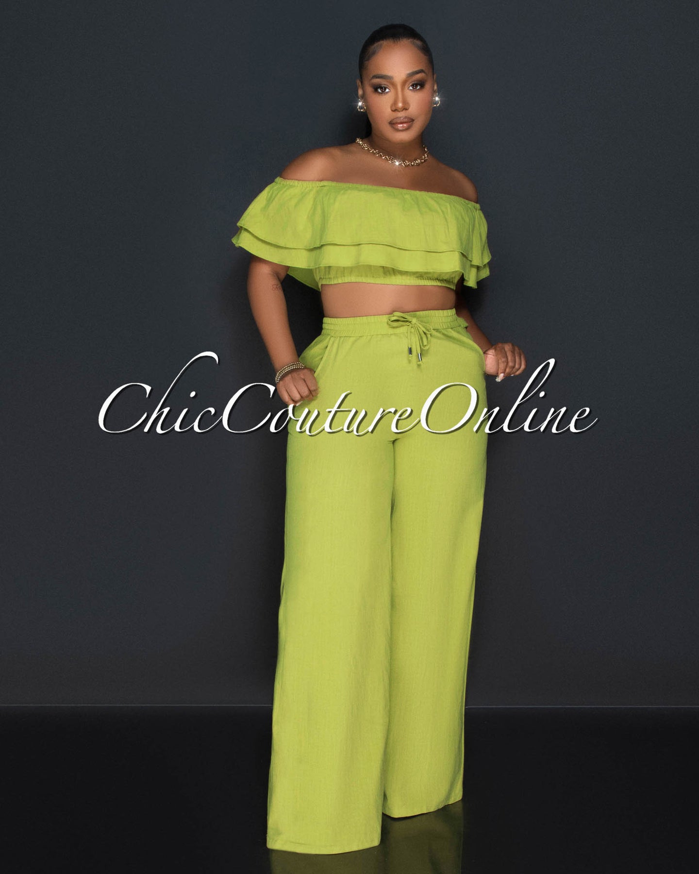 Yuri Olive Green Ruffle Crop Top & Wide Pants Set