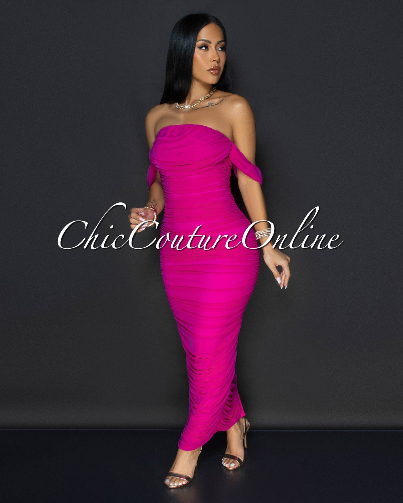 Vella Magenta Mesh Overlay Ruched Off-The Shoulder Dress