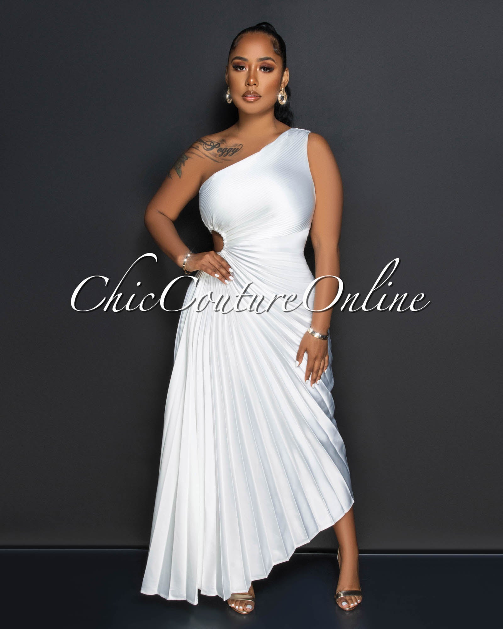 Lorencia Off-White Pleated Single Shoulder Maxi Dress