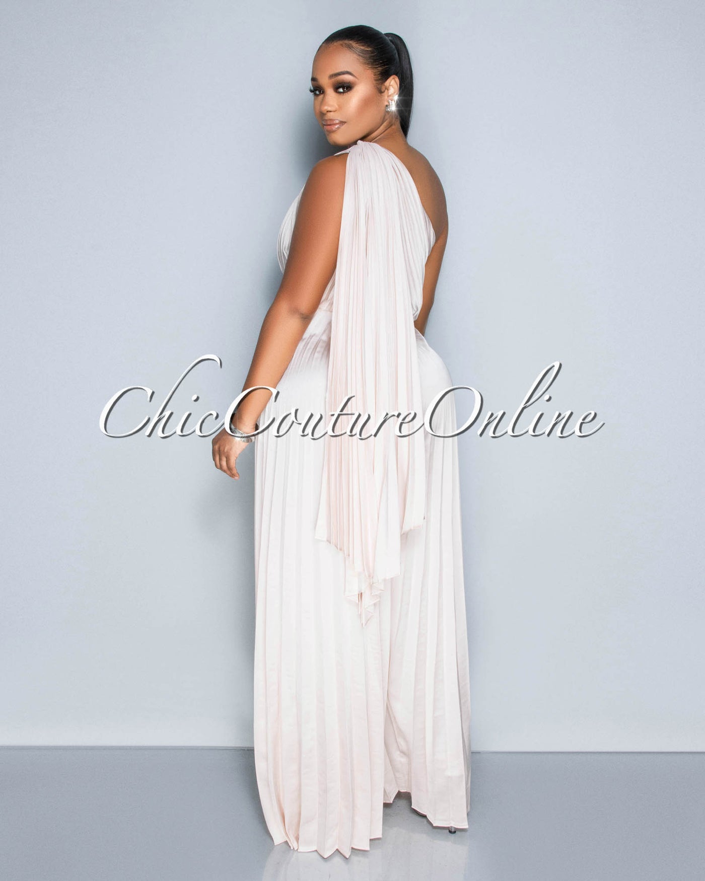 *Elizabeth Champaigne Single Shoulder Pleated Jumpsuit