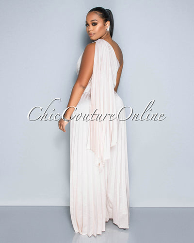 Elizabeth Champaigne Single Shoulder Pleated Jumpsuit