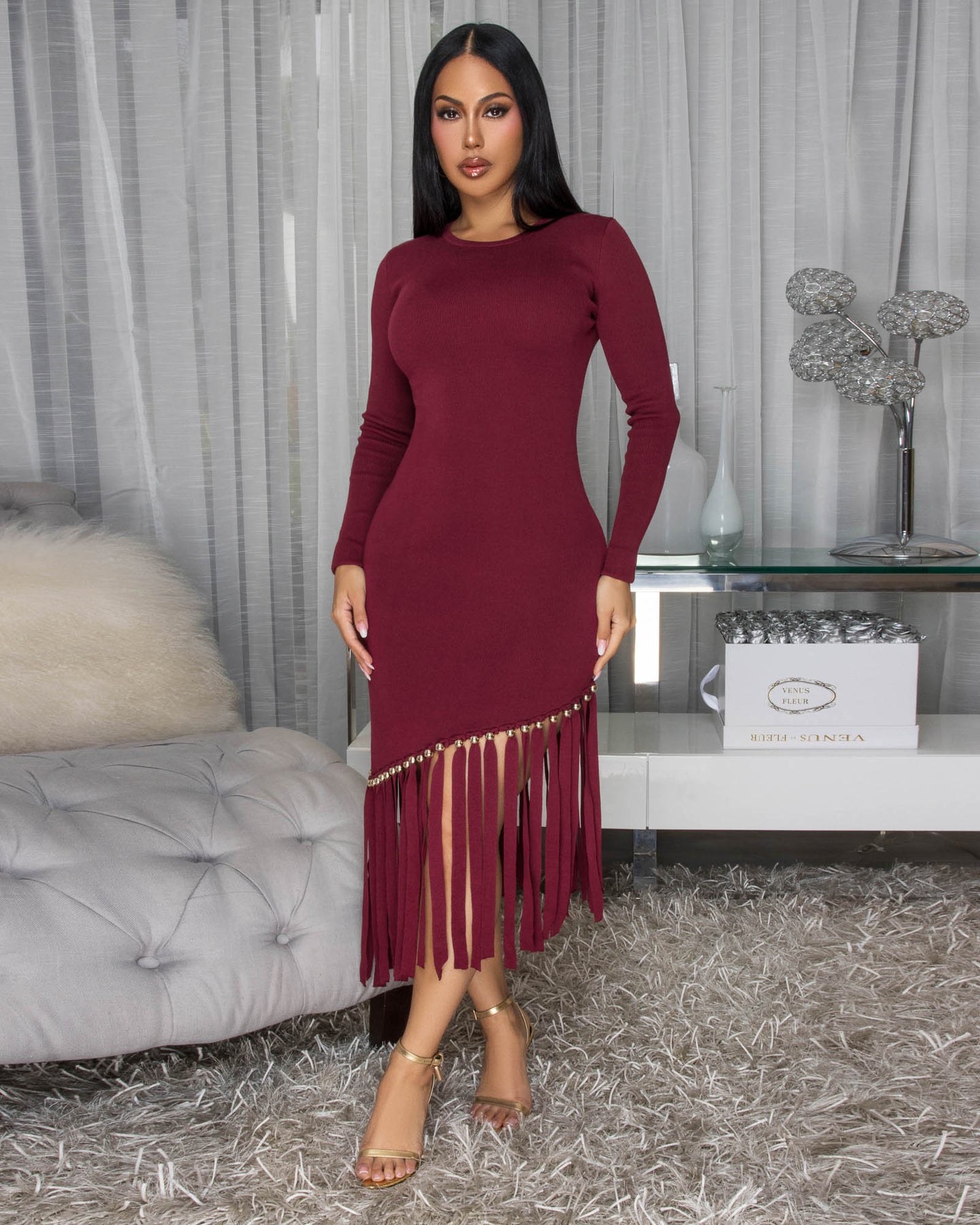 Oualie Burgundy Fringe Knit Midi Dress