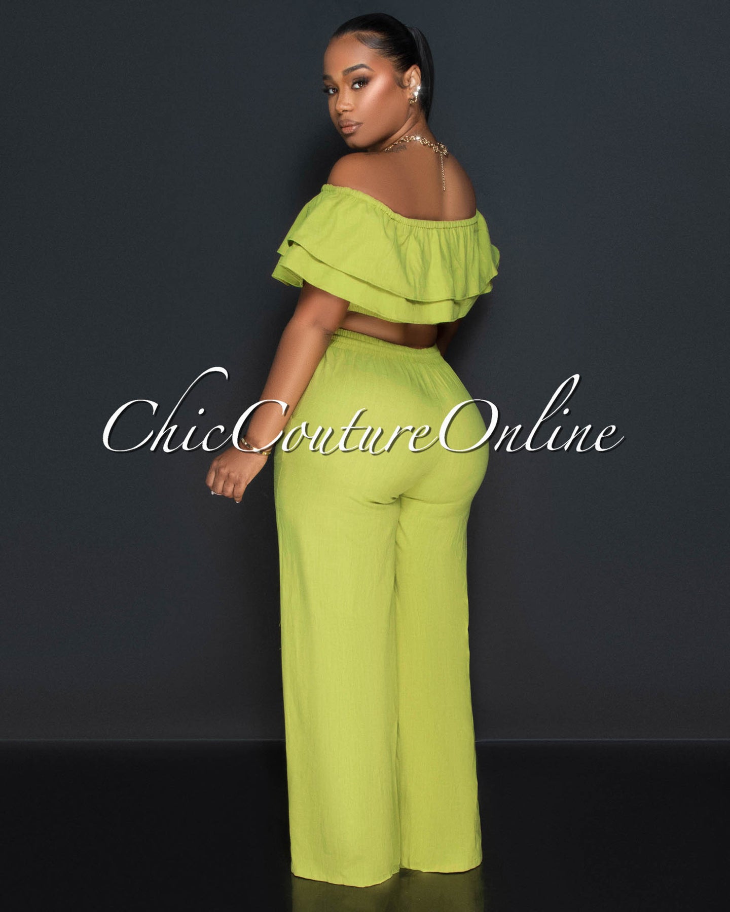 Yuri Olive Green Ruffle Crop Top & Wide Pants Set
