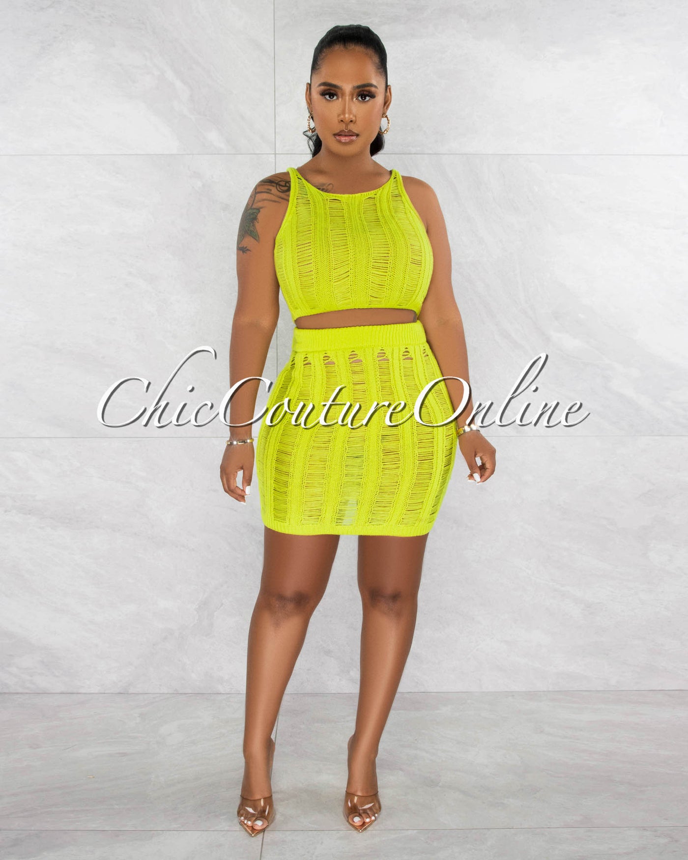 *Mexie Lime Crochet Crop Top & Skirt Cover-Up Set