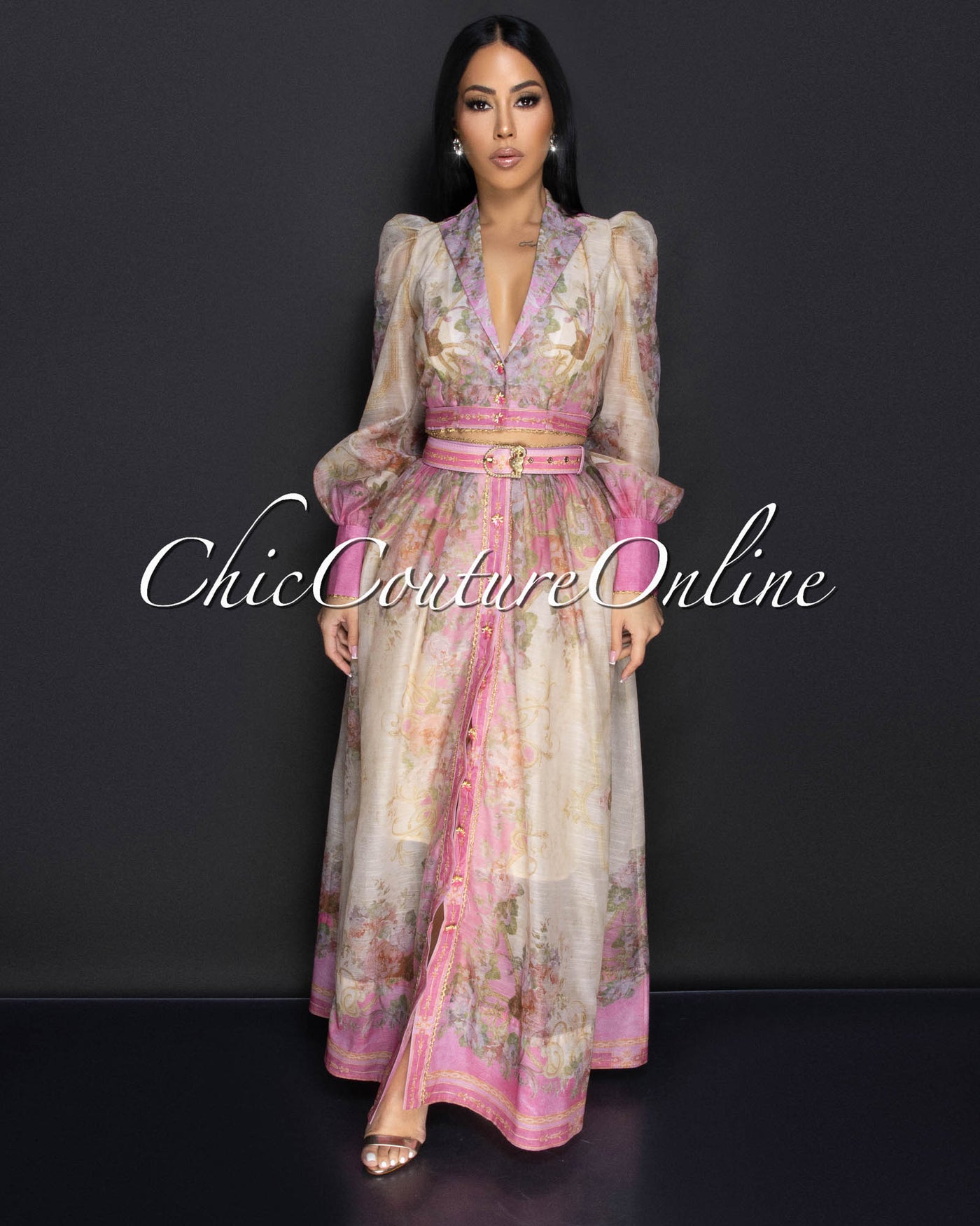 Mimu Pink Nude Floral Blouse & Belted Long Skirt Set