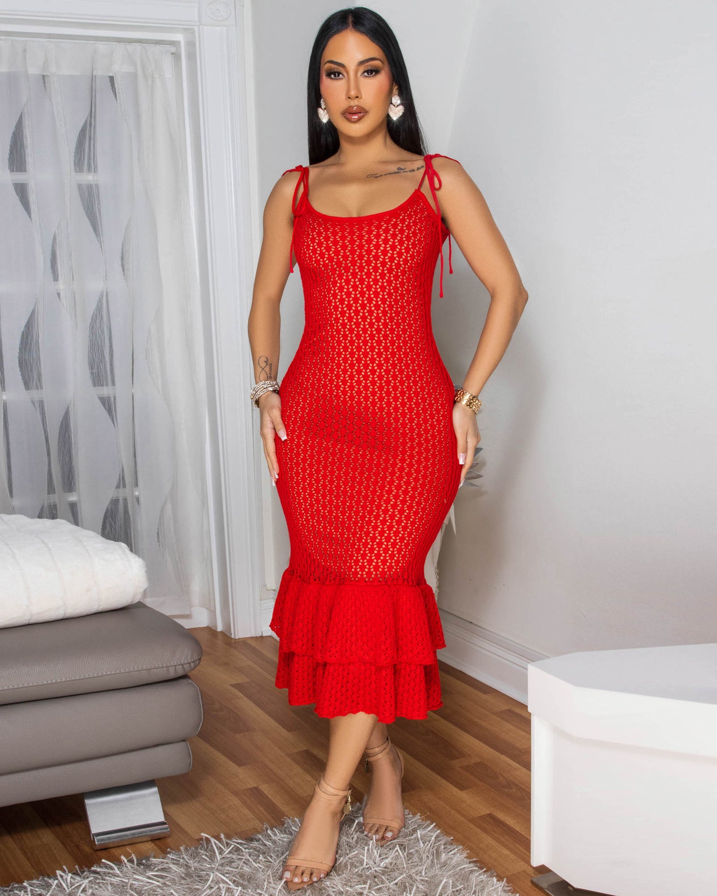 Alida Red Nude Illusion Crochet Midi Dress